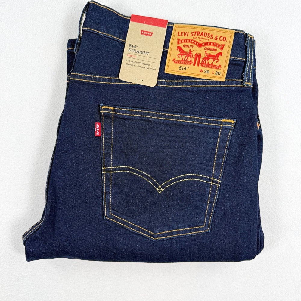 Levis 514 Straight Stretch Jeans / Size 36x30 Mens / Dark Blue Wash NEW